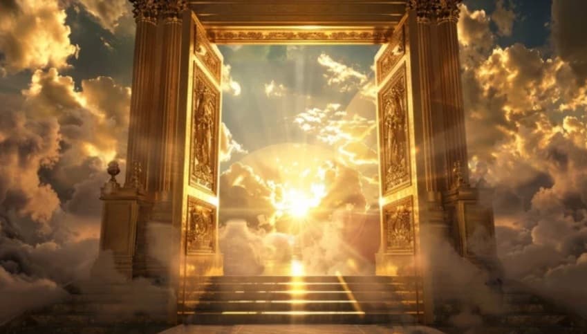 Grand golden doors opening to heavenly light